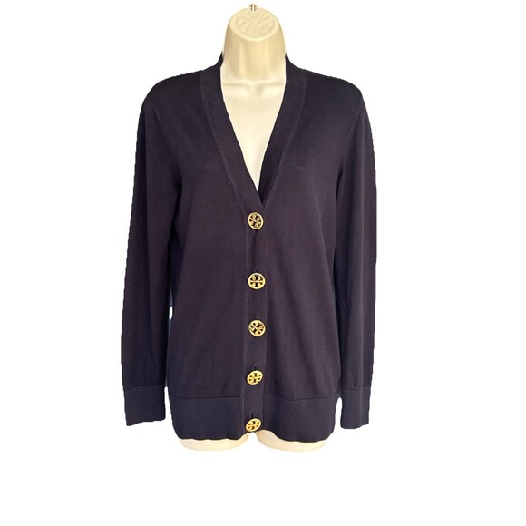 Tory Burch Size M 100% Cotton Navy Blue V-Neck Cardigan Large Gold Logo Buttons - Picture 1 of 9